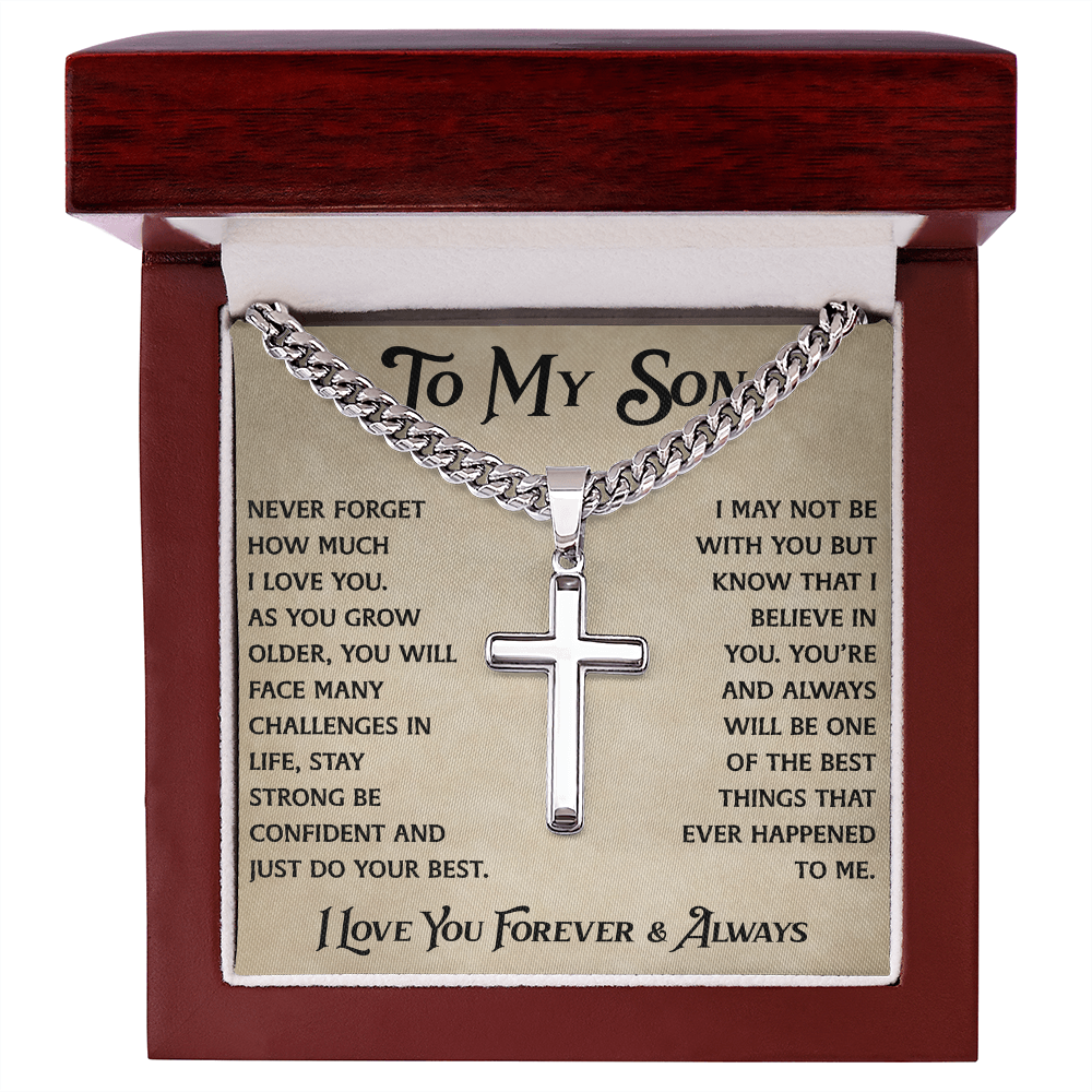 To My Son Artisan Cross with Cuban Link Chain - Heartfelt Jewelry Gifts from Dad Father for Birthday Back to School or Special Occasion