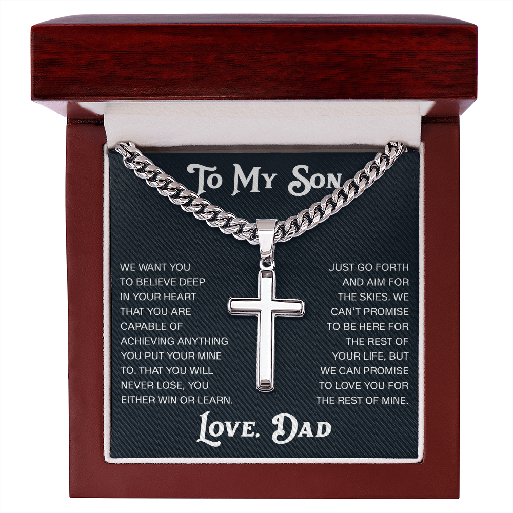 To My Son Artisan Cross with Cuban Link Chain Gift from Dad Father -  Unique Present for Graduation, Birthday, Christmas or any Special Occasion