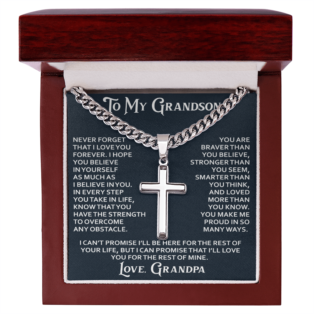 To My Grandson Artisan Cross with Cuban Link Chain - Christian Faith Gift From Grandpa Inspirational Jewelry