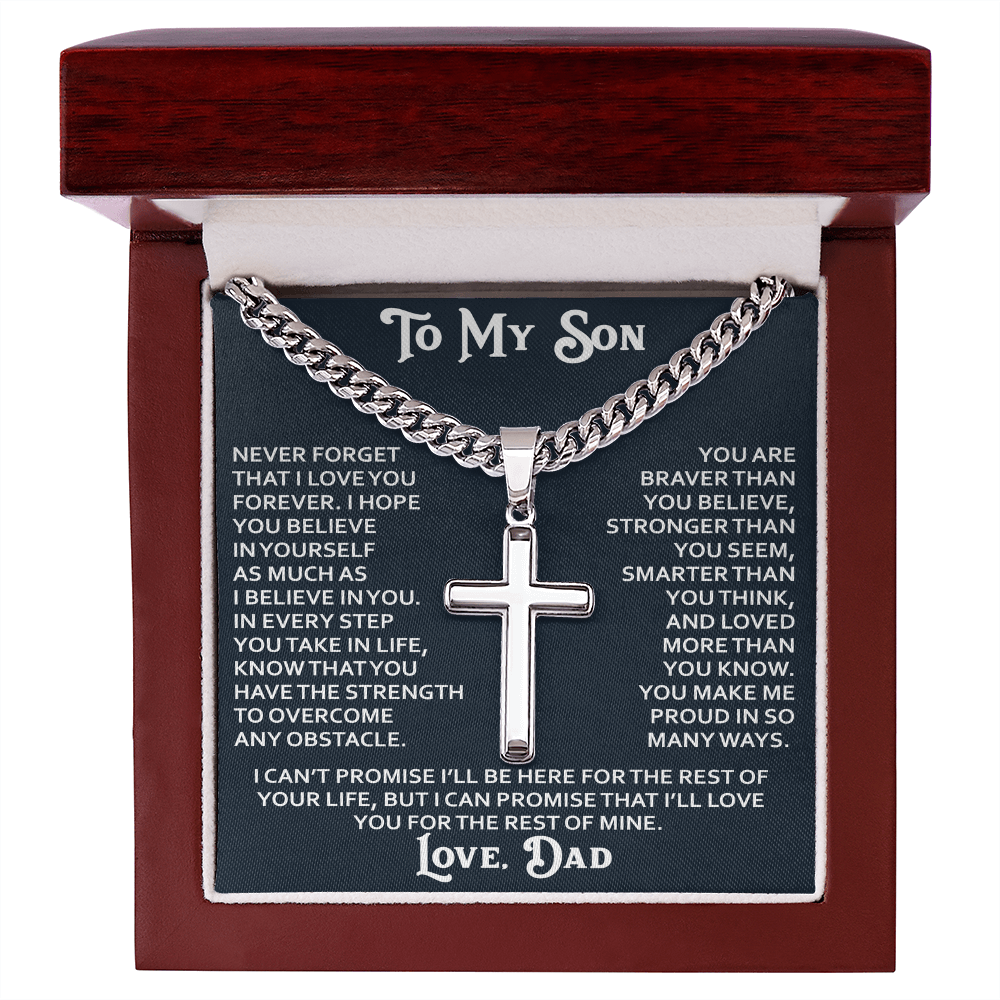 To My Son Artisan Cross with Cuban Link Chain - Birthday Gift from Dad Father Heartfelt Jewelry