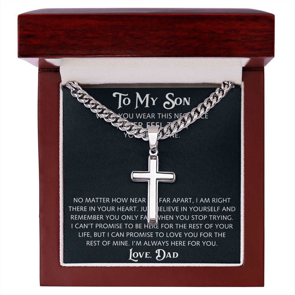 To My Son Artisan Cross with Cuban Link Chain from Dad Father, Christian Faith Religious Gift For Birthday, X-mas or Special Occasion