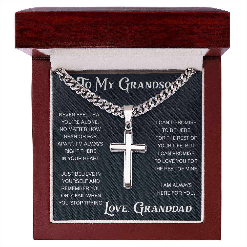 To My Grandson Artisan Cross with Cuban Link Chain - Christian Faith Gift From Granddad Inspirational Jewelry