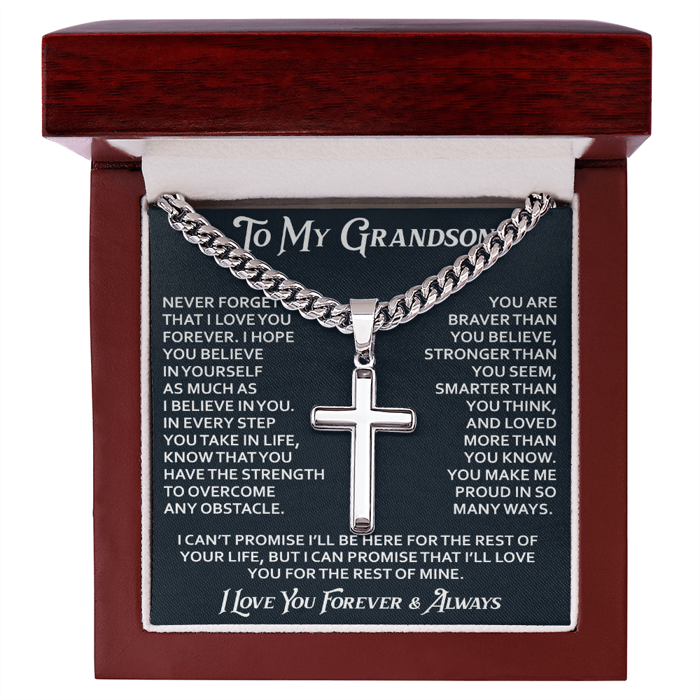 To My Grandson Artisan Cross with Cuban Link Chain - Christian Faith Gifts From Grandpa Inspirational Jewelry