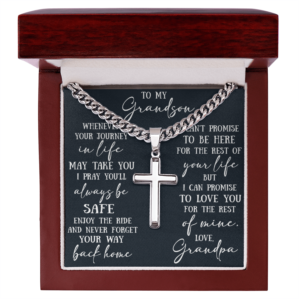 To My Grandson Artisan Cross with Cuban Link Chain - Christian Faith Gift From Grandpa Inspirational Jewelry