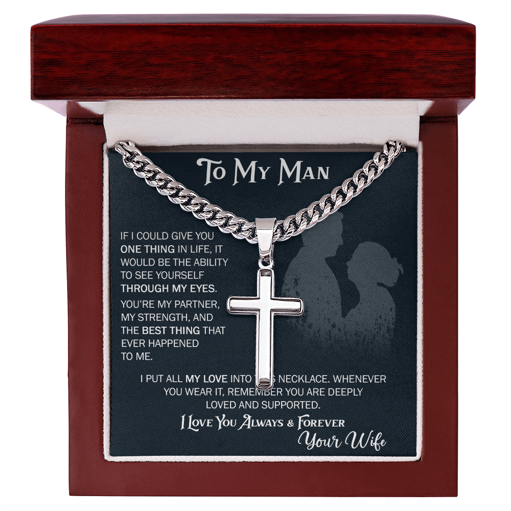 To My Husband Artisan Cross with Cuban Link Chain From Wife – Valentines Day Gifts for Her with Heartfelt Message Card, Premium Gold-Plated Wife Jewelry in Elegant Box