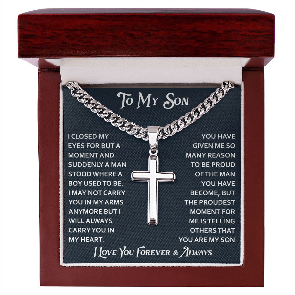 To My Son Artisan Cross with Cuban Link Chain - Birthday Gift from Dad Father Heartfelt Jewelry Gifts