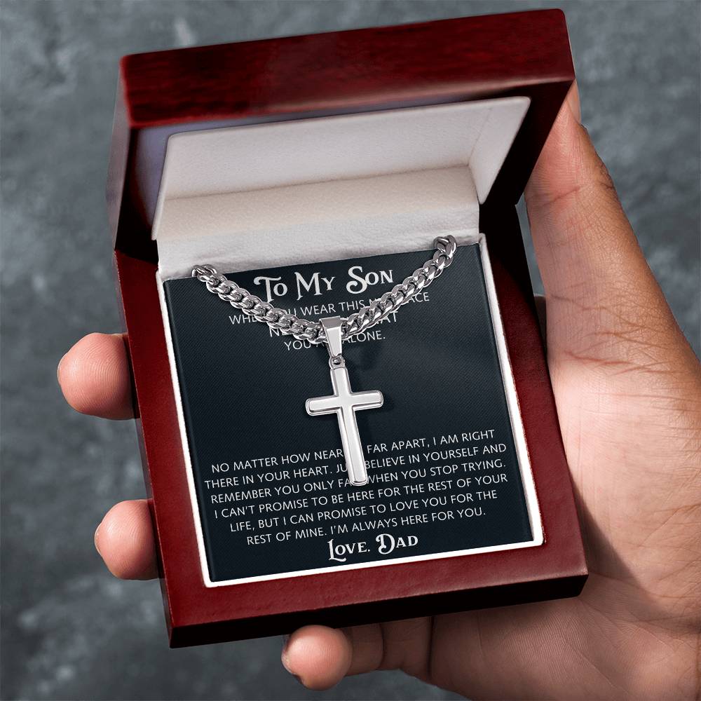 To My Son Artisan Cross with Cuban Link Chain from Dad Father, Christian Faith Religious Gift For Birthday, X-mas or Special Occasion