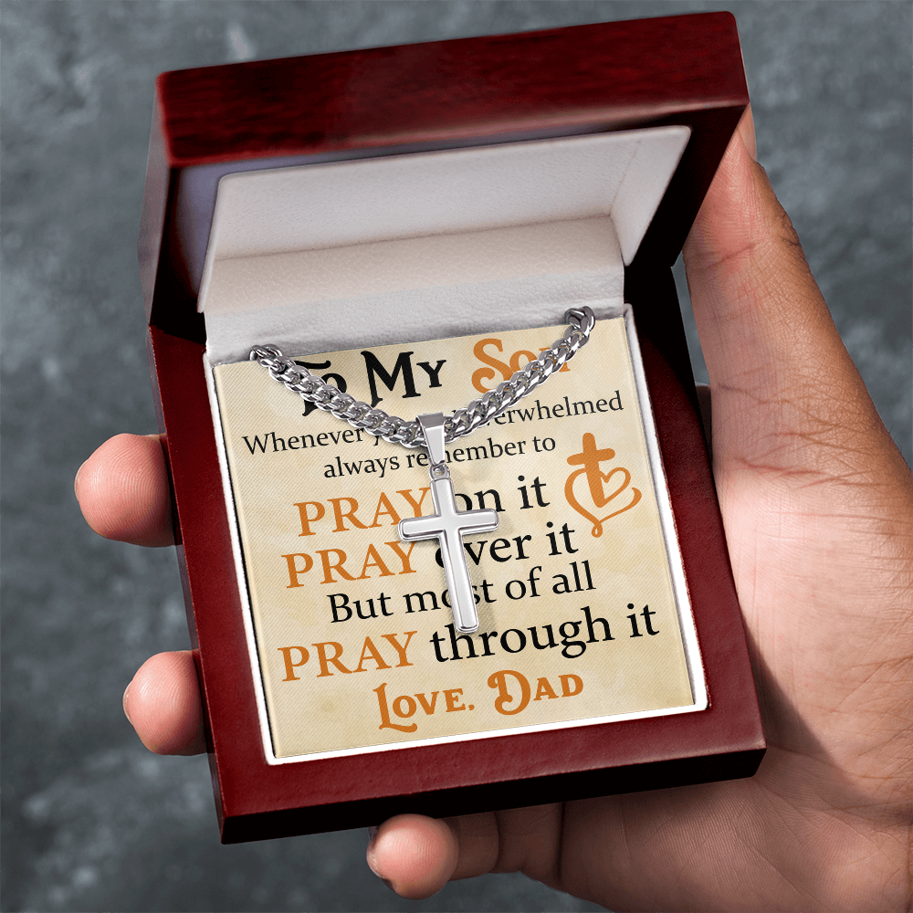 Product Image To My Son Bracelet from Dad, Pray on It, Pray Over It, But Most of All Pray Through It, Artisan Cross with Cuban Link Chain