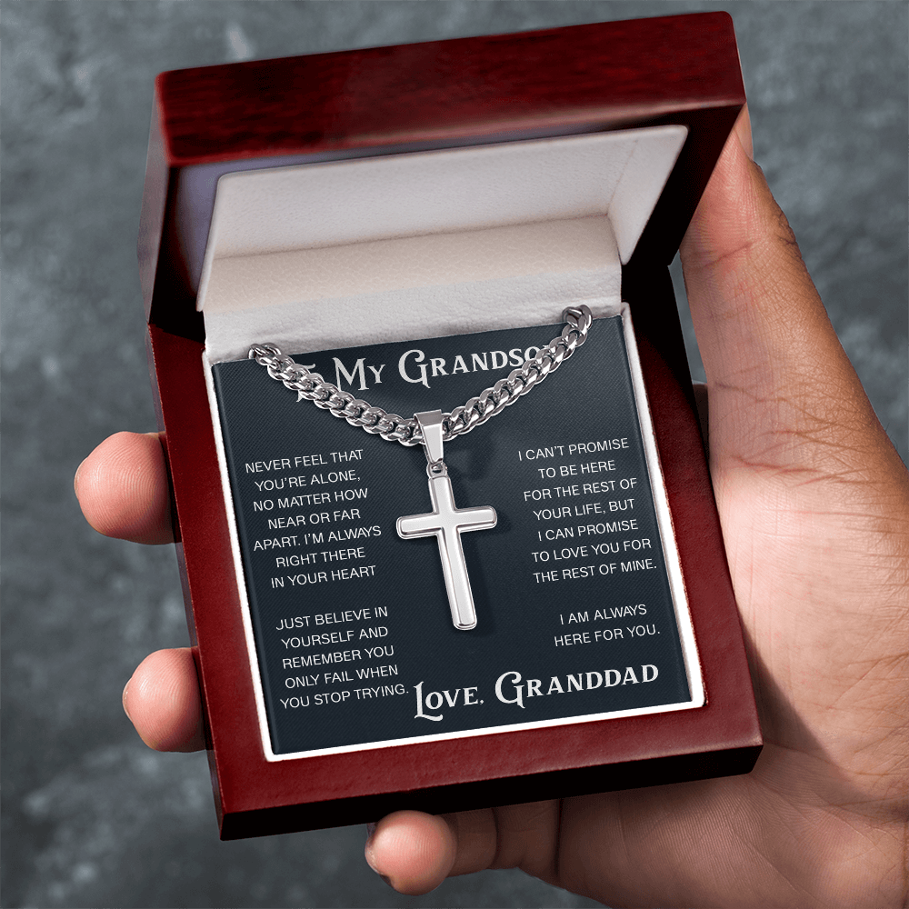 To My Grandson Artisan Cross with Cuban Link Chain - Christian Faith Gift From Granddad Inspirational Jewelry