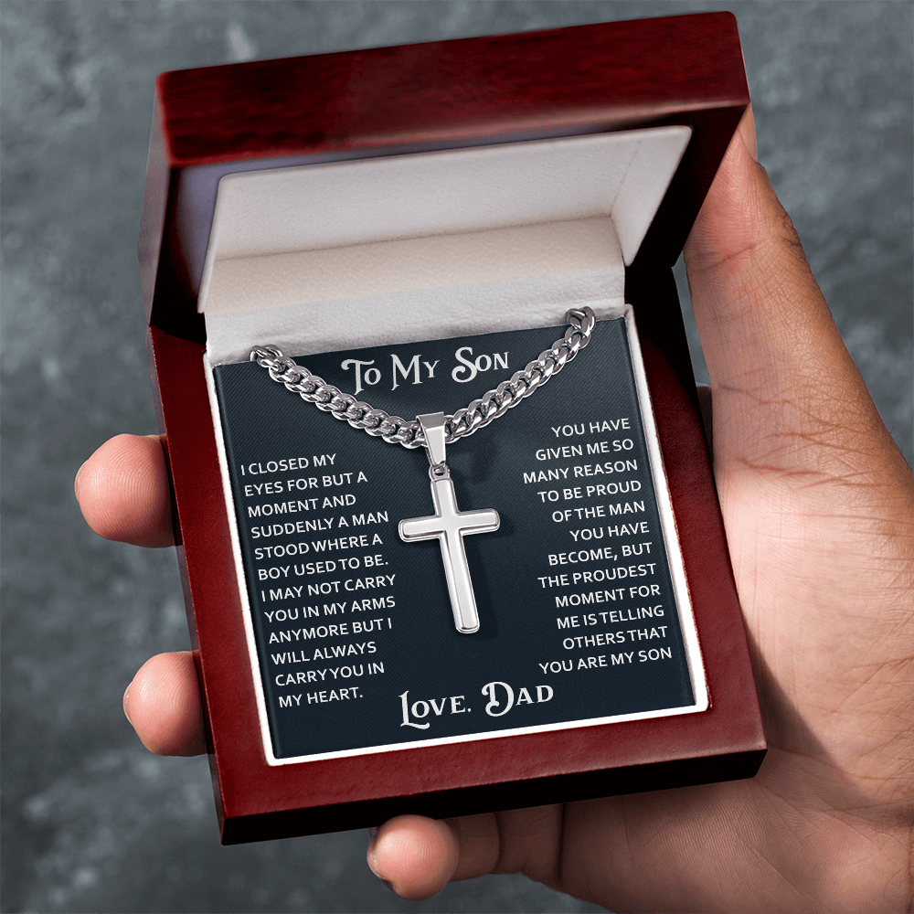 To My Son Artisan Cross with Cuban Link Chain for Birthday Back to School Christmas Gift from Dad Father Heartfelt Jewelry Present