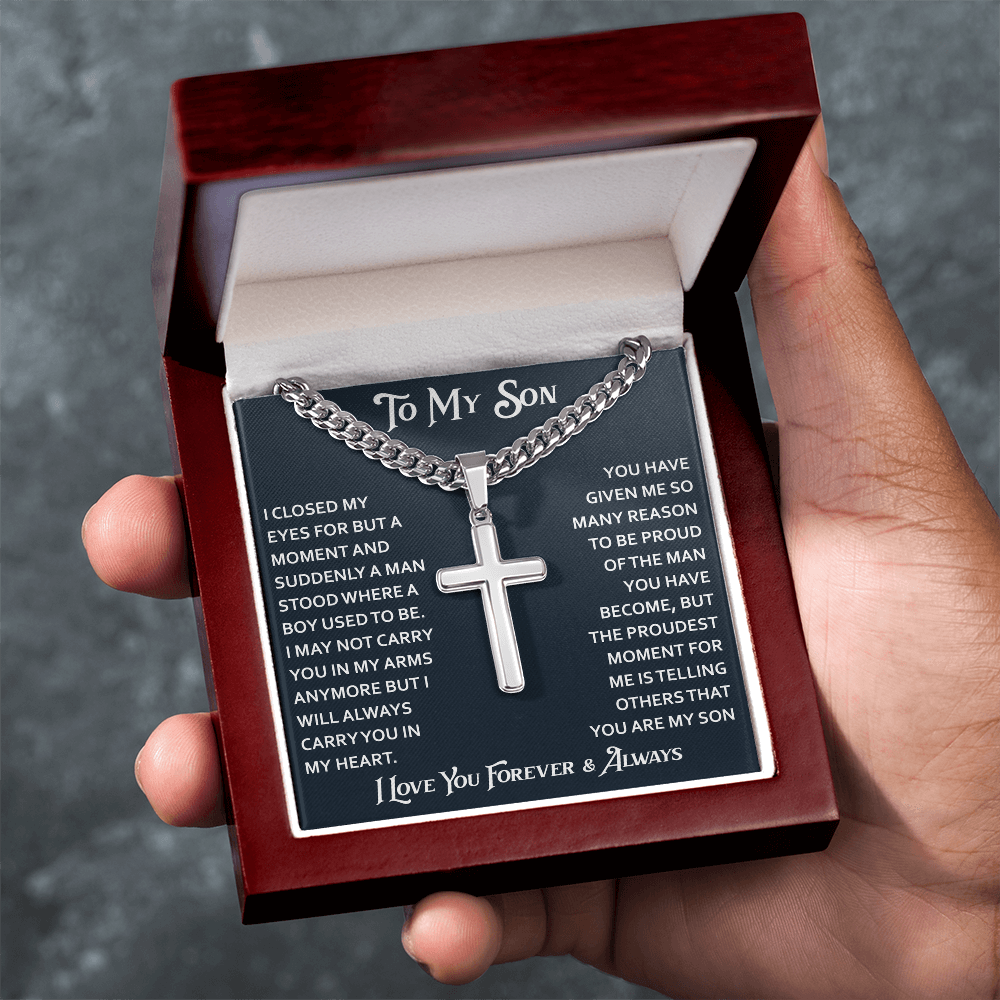 To My Son Artisan Cross with Cuban Link Chain - Birthday Gift from Dad Father Heartfelt Jewelry Gifts