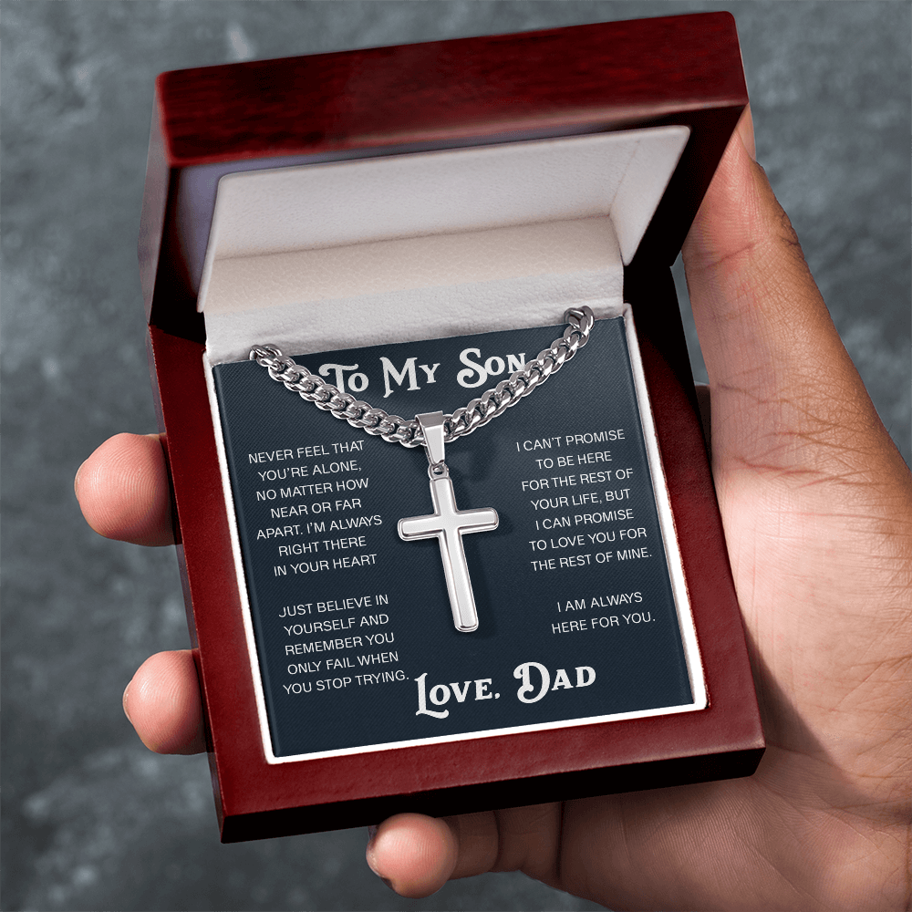 To My Son Artisan Cross with Cuban Link Chain - Christian Faith Gift From Dad Inspirational Jewelry