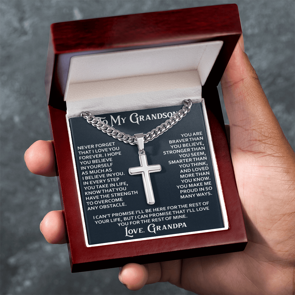 To My Grandson Artisan Cross with Cuban Link Chain - Christian Faith Gift From Grandpa Inspirational Jewelry