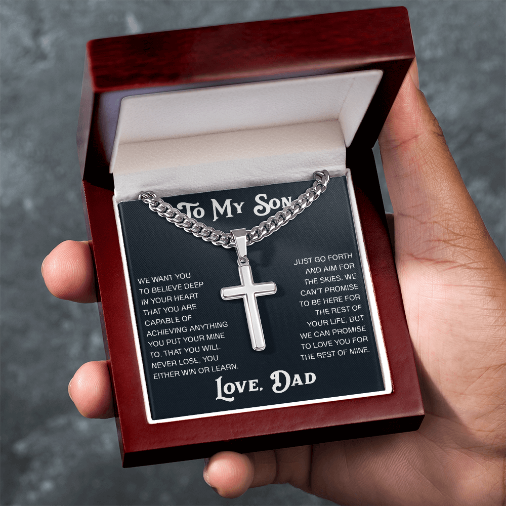 To My Son Artisan Cross with Cuban Link Chain Gift from Dad Father -  Unique Present for Graduation, Birthday, Christmas or any Special Occasion
