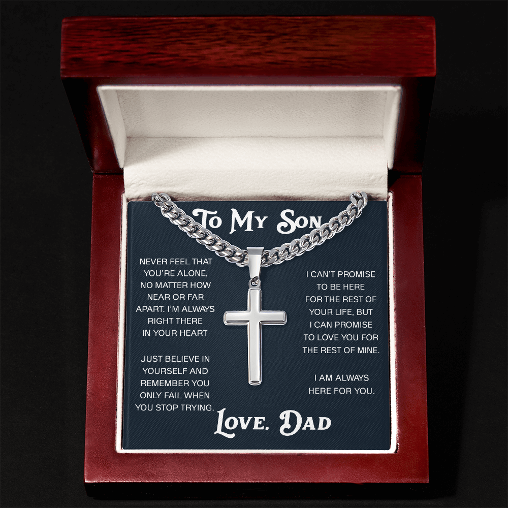 To My Son Artisan Cross with Cuban Link Chain - Christian Faith Gift From Dad Inspirational Jewelry