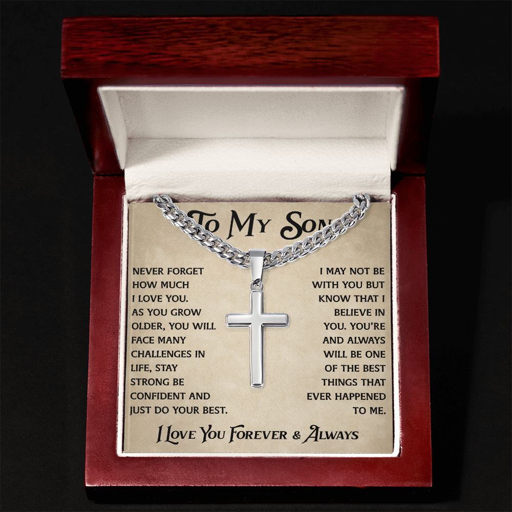 To My Son Artisan Cross with Cuban Link Chain - Heartfelt Jewelry Gifts from Dad Father for Birthday Back to School or Special Occasion