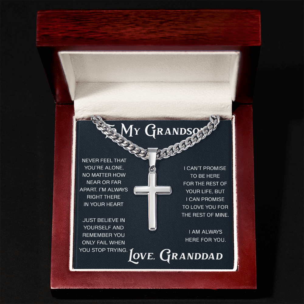 To My Grandson Artisan Cross with Cuban Link Chain - Christian Faith Gift From Granddad Inspirational Jewelry
