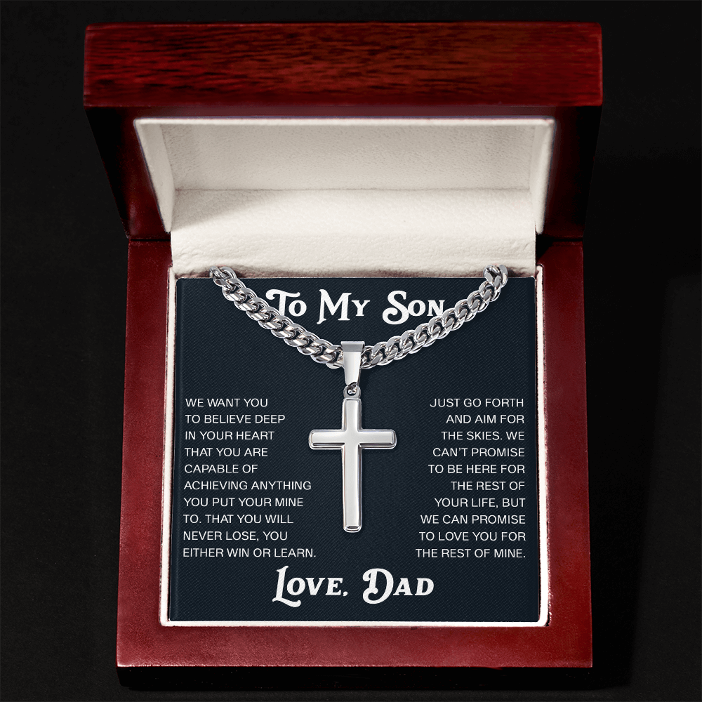 To My Son Artisan Cross with Cuban Link Chain Gift from Dad Father -  Unique Present for Graduation, Birthday, Christmas or any Special Occasion