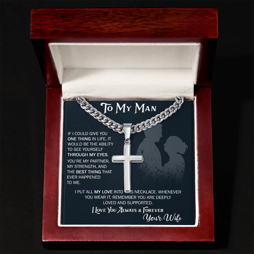 To My Husband Artisan Cross with Cuban Link Chain From Wife – Valentines Day Gifts for Her with Heartfelt Message Card, Premium Gold-Plated Wife Jewelry in Elegant Box