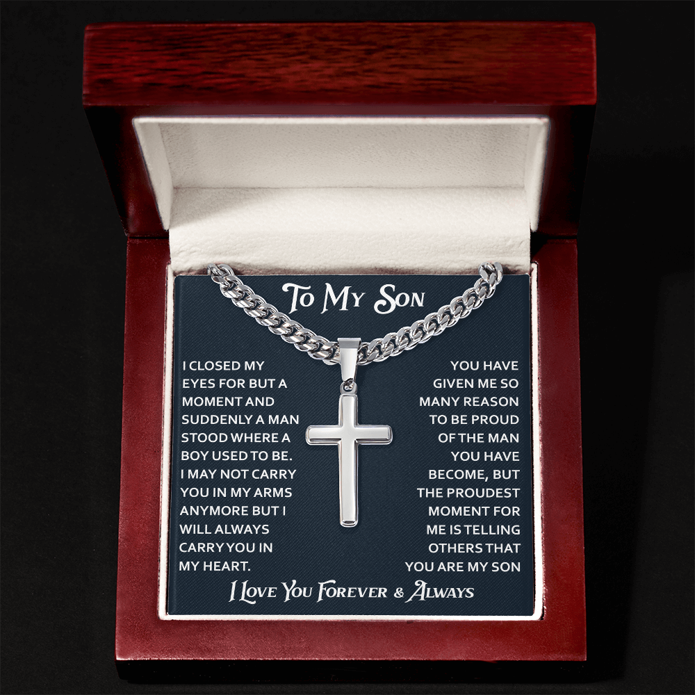 To My Son Artisan Cross with Cuban Link Chain - Birthday Gift from Dad Father Heartfelt Jewelry Gifts