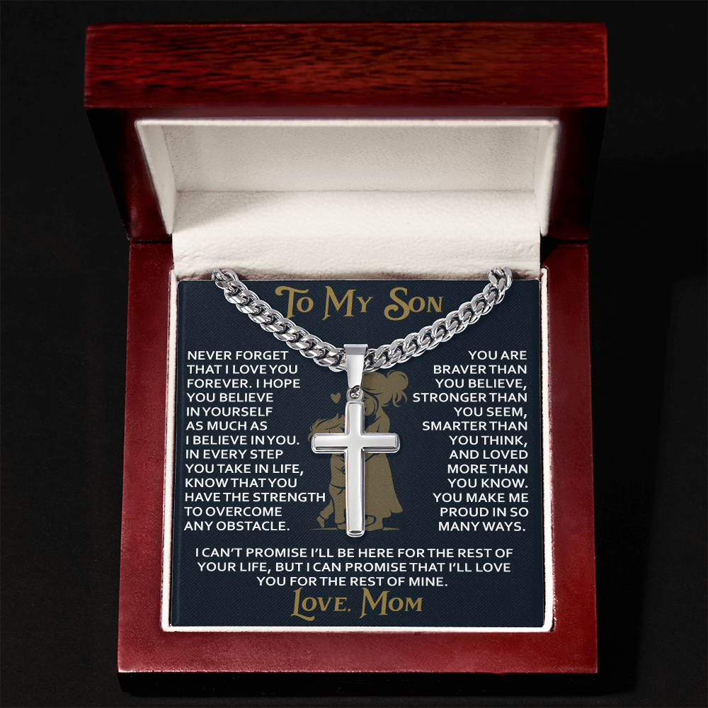 To My Daughter Gift From Mom Mama Mother - Artisan Cross with Cuban Link Chain for Birthday Christmas Back to School or Special Occasion