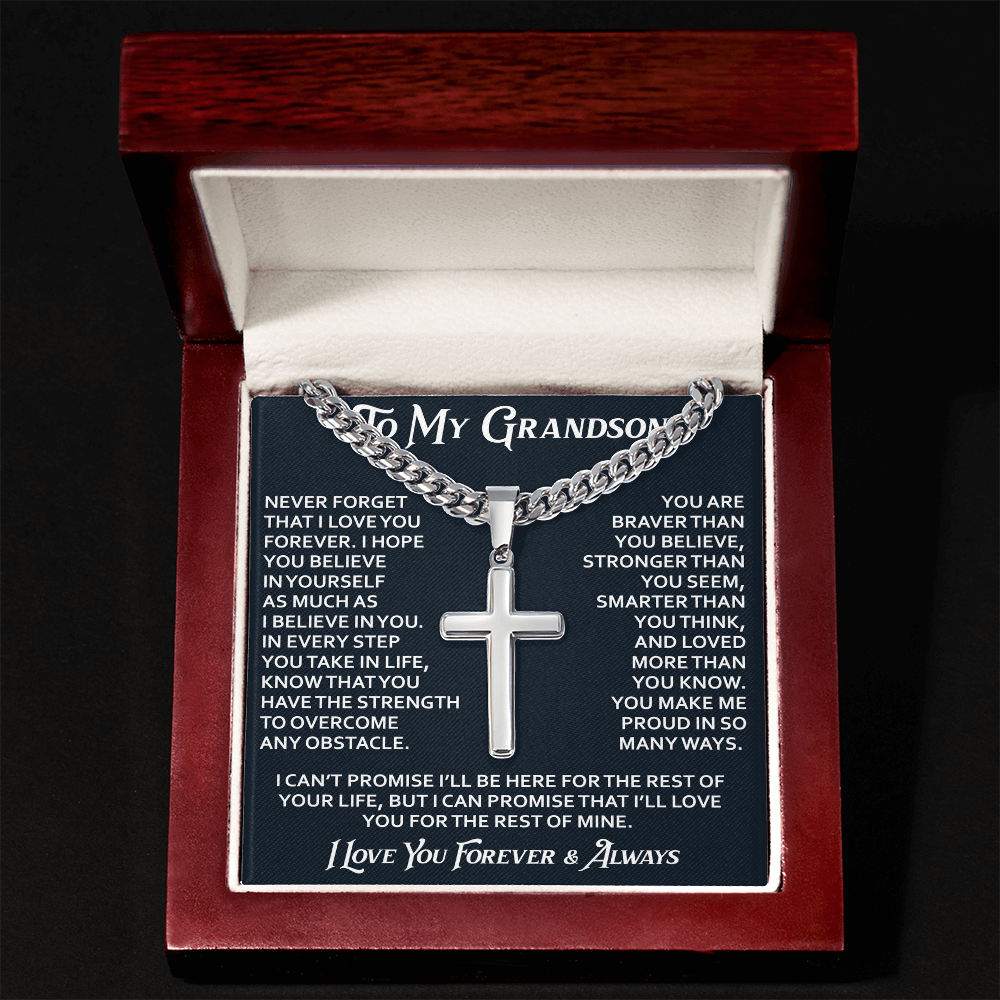 To My Grandson Artisan Cross with Cuban Link Chain - Christian Faith Gifts From Grandpa Inspirational Jewelry