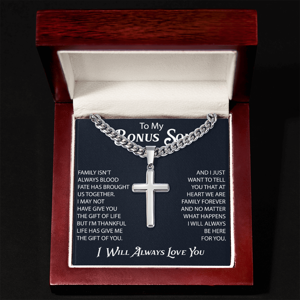 Gift For Bonus Son Cuban Chain with Artisan Cross Necklace From Mom Dad, Bonus Son Necklaces Gift