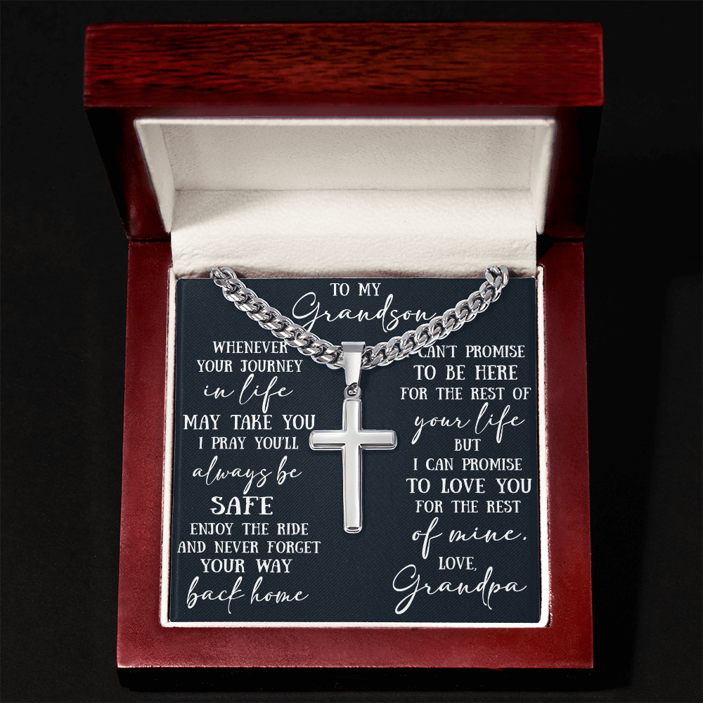 To My Grandson Artisan Cross with Cuban Link Chain - Christian Faith Gift From Grandpa Inspirational Jewelry