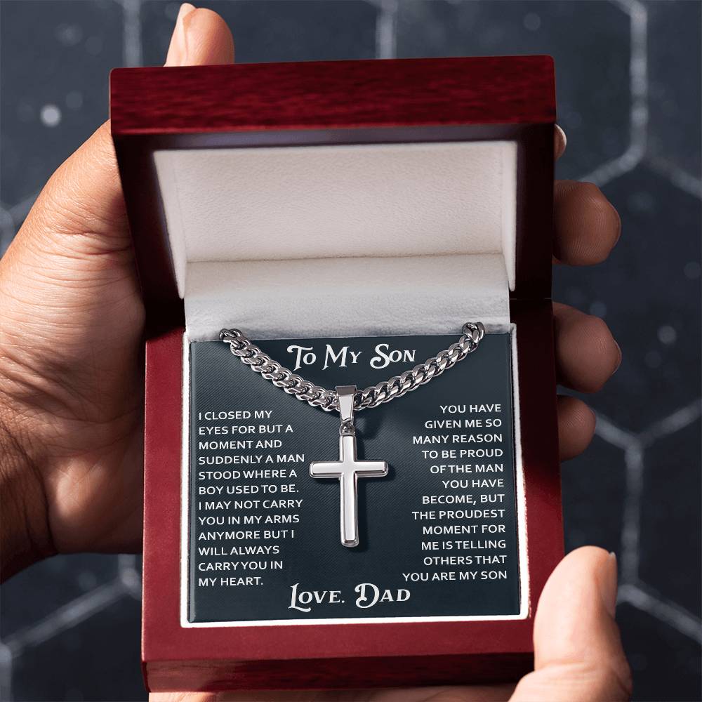 To My Son Artisan Cross with Cuban Link Chain for Birthday Back to School Christmas Gift from Dad Father Heartfelt Jewelry Present