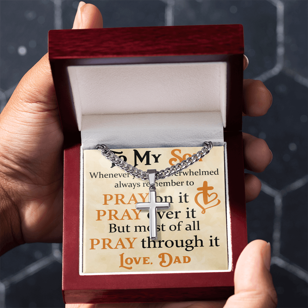 Product Image To My Son Bracelet from Dad, Pray on It, Pray Over It, But Most of All Pray Through It, Artisan Cross with Cuban Link Chain
