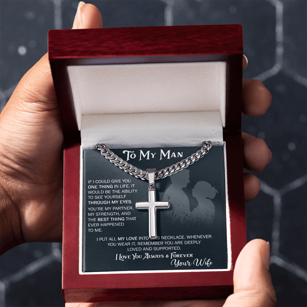 To My Husband Artisan Cross with Cuban Link Chain From Wife – Valentines Day Gifts for Her with Heartfelt Message Card, Premium Gold-Plated Wife Jewelry in Elegant Box