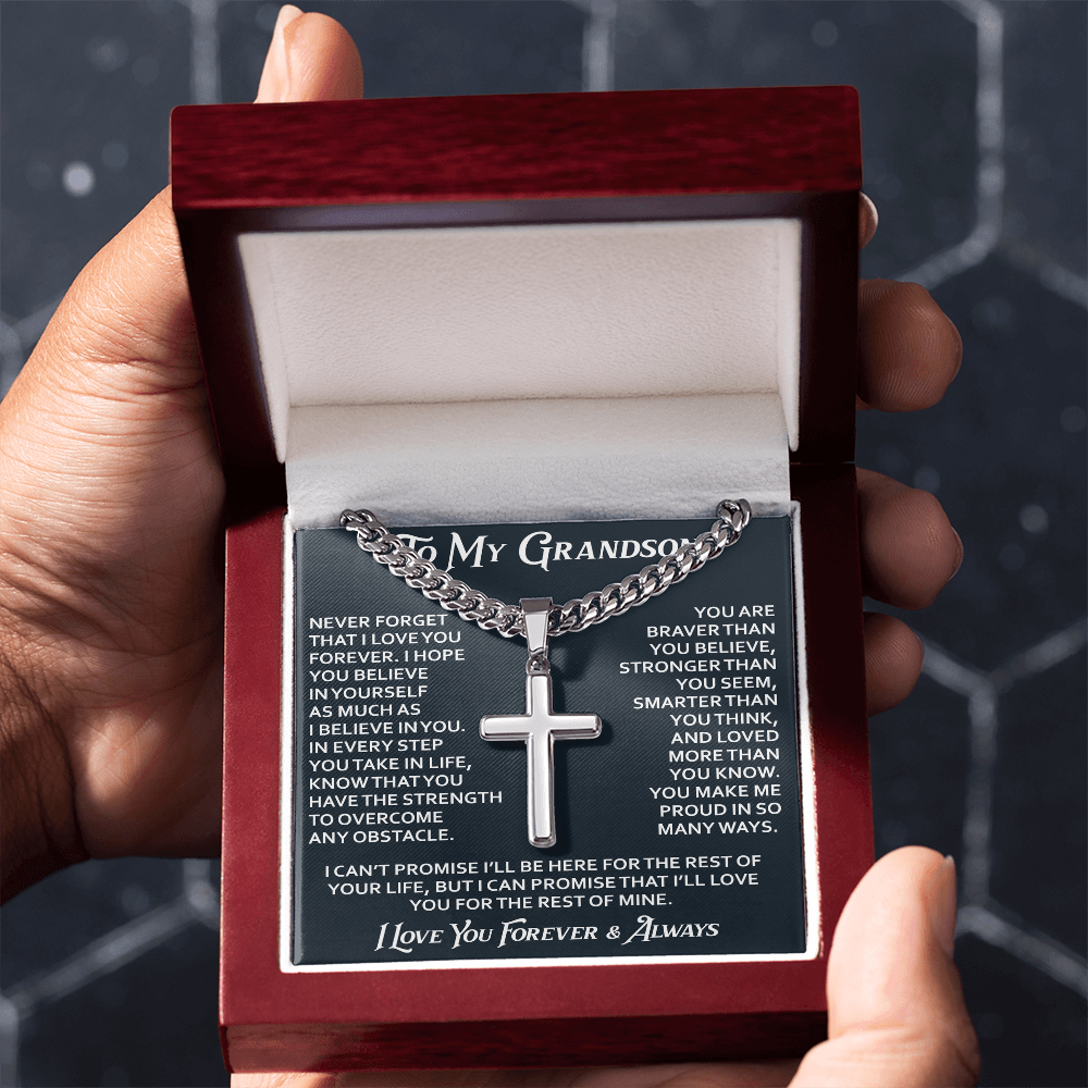 To My Grandson Artisan Cross with Cuban Link Chain - Christian Faith Gifts From Grandpa Inspirational Jewelry
