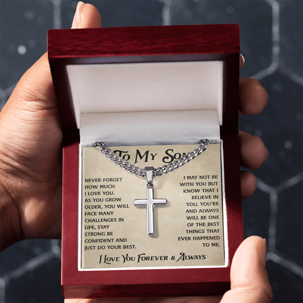 To My Son Artisan Cross with Cuban Link Chain - Heartfelt Jewelry Gifts from Dad Father for Birthday Back to School or Special Occasion