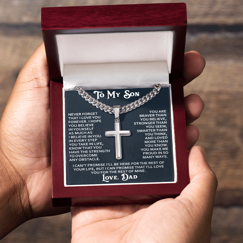To My Son Artisan Cross with Cuban Link Chain - Birthday Gift from Dad Father Heartfelt Jewelry