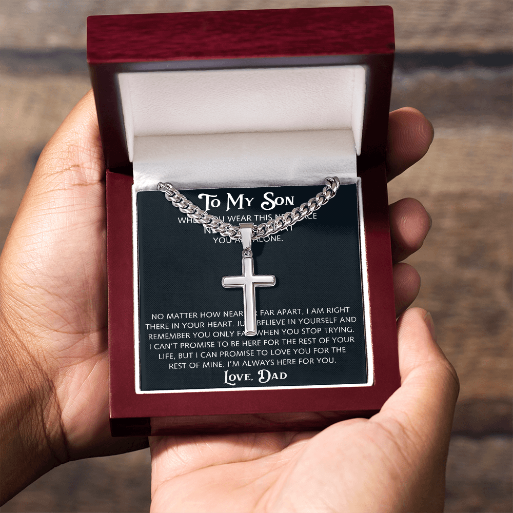 To My Son Artisan Cross with Cuban Link Chain from Dad Father, Christian Faith Religious Gift For Birthday, X-mas or Special Occasion