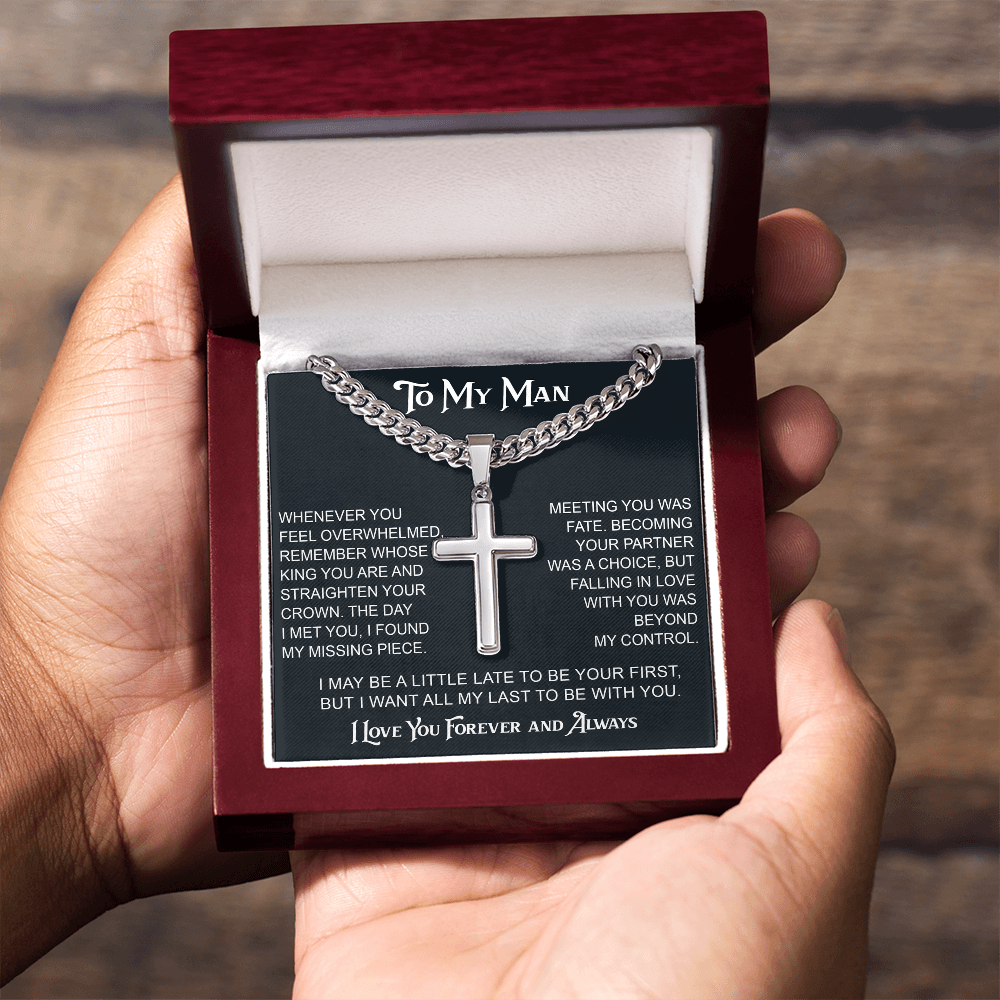 To My Man Artisan Cross with Cuban Link Chain - Valentine Gift for Soulmate, Partner, Husband.