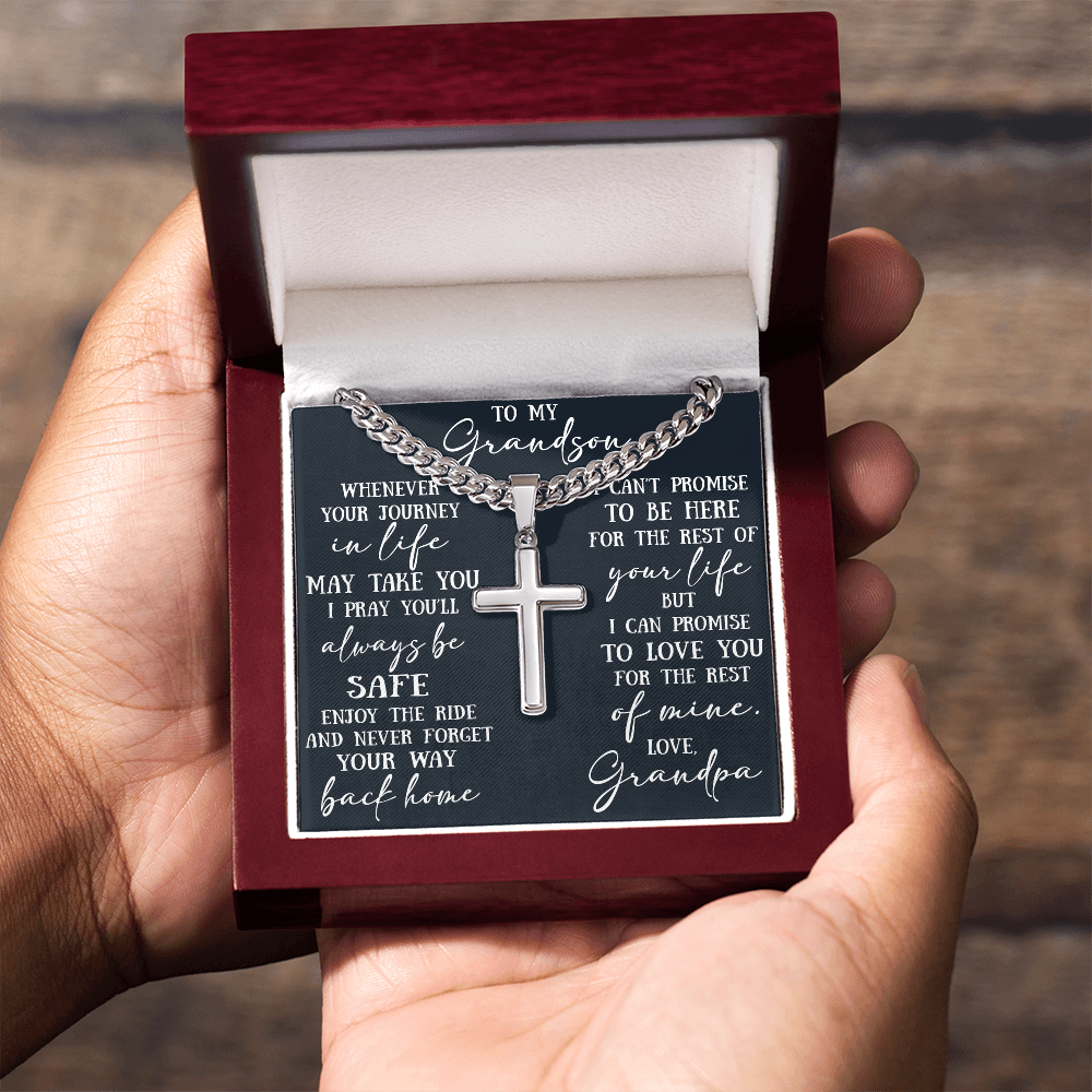 To My Grandson Artisan Cross with Cuban Link Chain - Christian Faith Gift From Grandpa Inspirational Jewelry