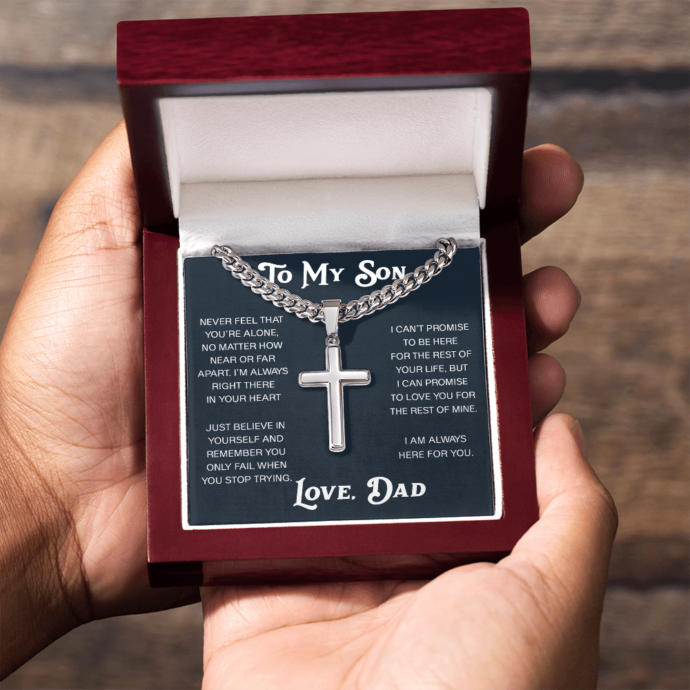 To My Son Artisan Cross with Cuban Link Chain - Christian Faith Gift From Dad Inspirational Jewelry