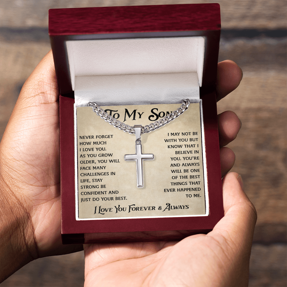 To My Son Artisan Cross with Cuban Link Chain - Heartfelt Jewelry Gifts from Dad Father for Birthday Back to School or Special Occasion