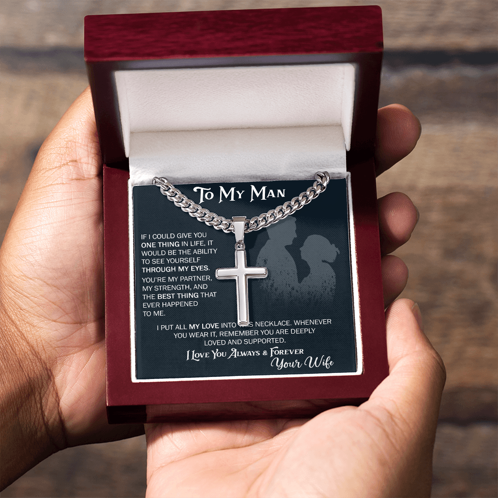 To My Husband Artisan Cross with Cuban Link Chain From Wife – Valentines Day Gifts for Her with Heartfelt Message Card, Premium Gold-Plated Wife Jewelry in Elegant Box