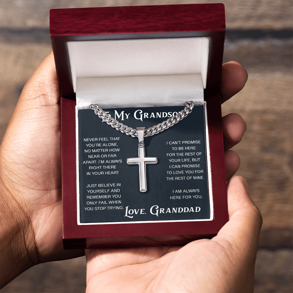 To My Grandson Artisan Cross with Cuban Link Chain - Christian Faith Gift From Granddad Inspirational Jewelry