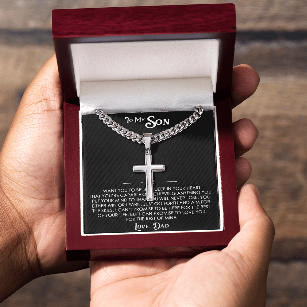 To My Son Gift From Dad - Artisan Cross with Cuban Link Chain For Children, Faith Gift for any Occasion
