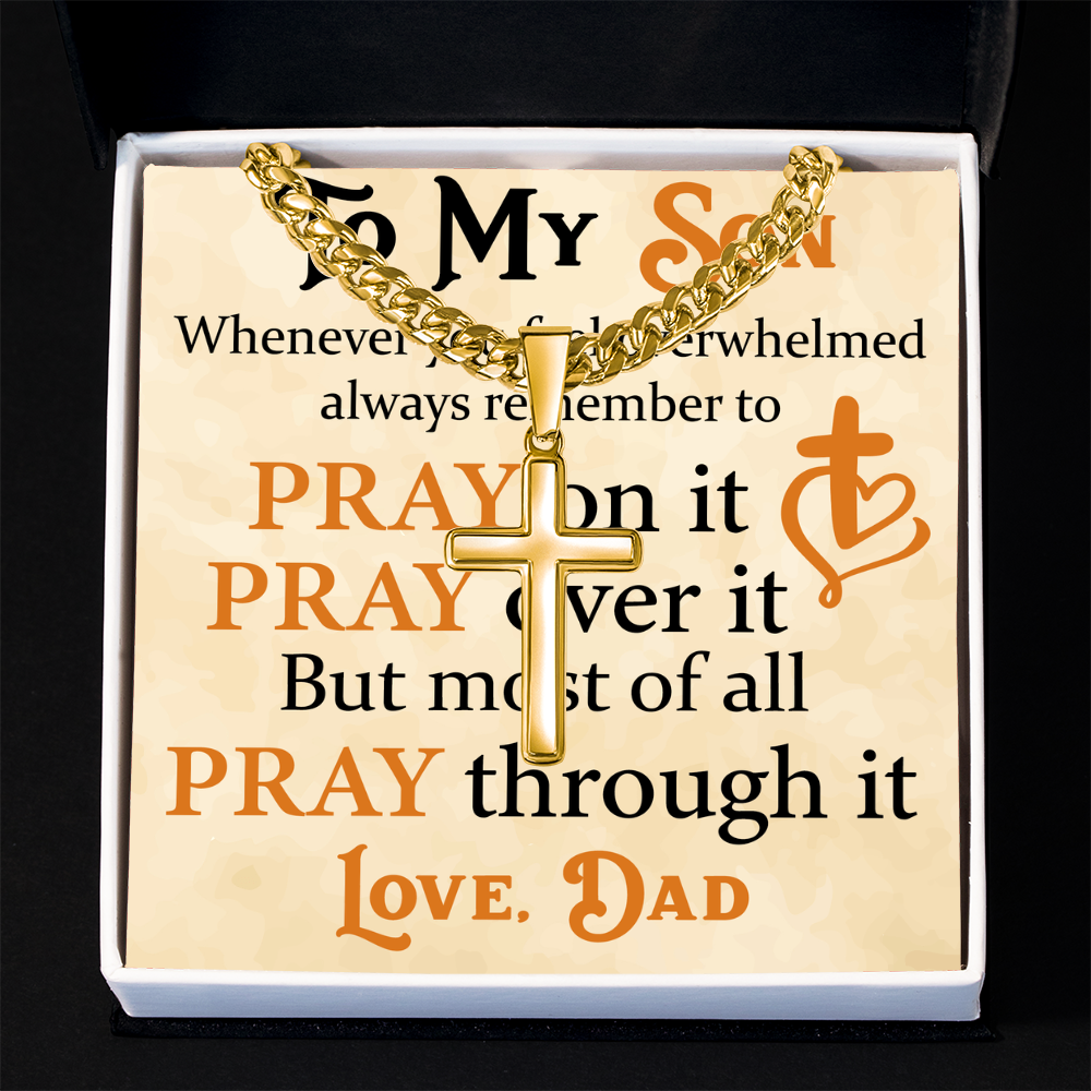 Product Image To My Son Bracelet from Dad, Pray on It, Pray Over It, But Most of All Pray Through It, Artisan Cross with Cuban Link Chain