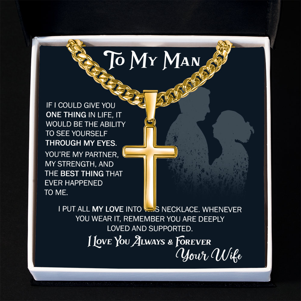 To My Husband Artisan Cross with Cuban Link Chain From Wife – Valentines Day Gifts for Her with Heartfelt Message Card, Premium Gold-Plated Wife Jewelry in Elegant Box