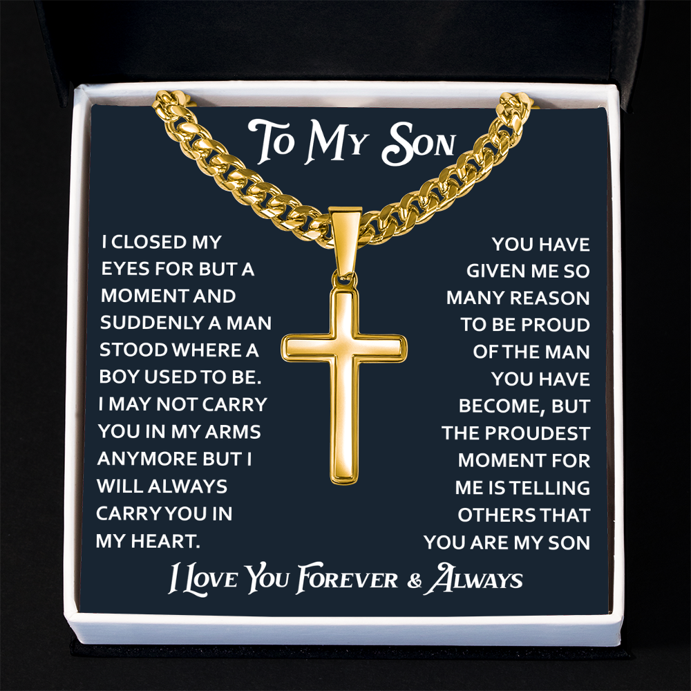 To My Son Artisan Cross with Cuban Link Chain - Birthday Gift from Dad Father Heartfelt Jewelry Gifts