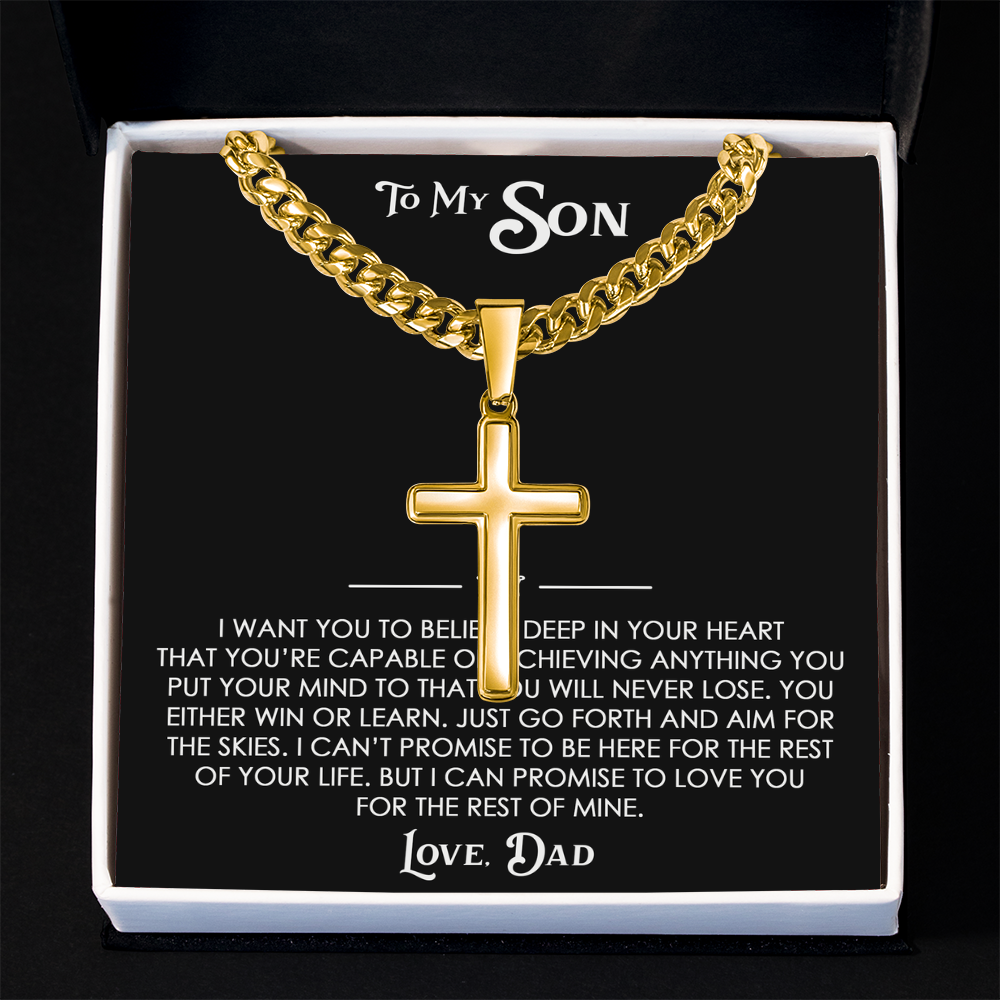 To My Son Gift From Dad - Artisan Cross with Cuban Link Chain For Children, Faith Gift for any Occasion