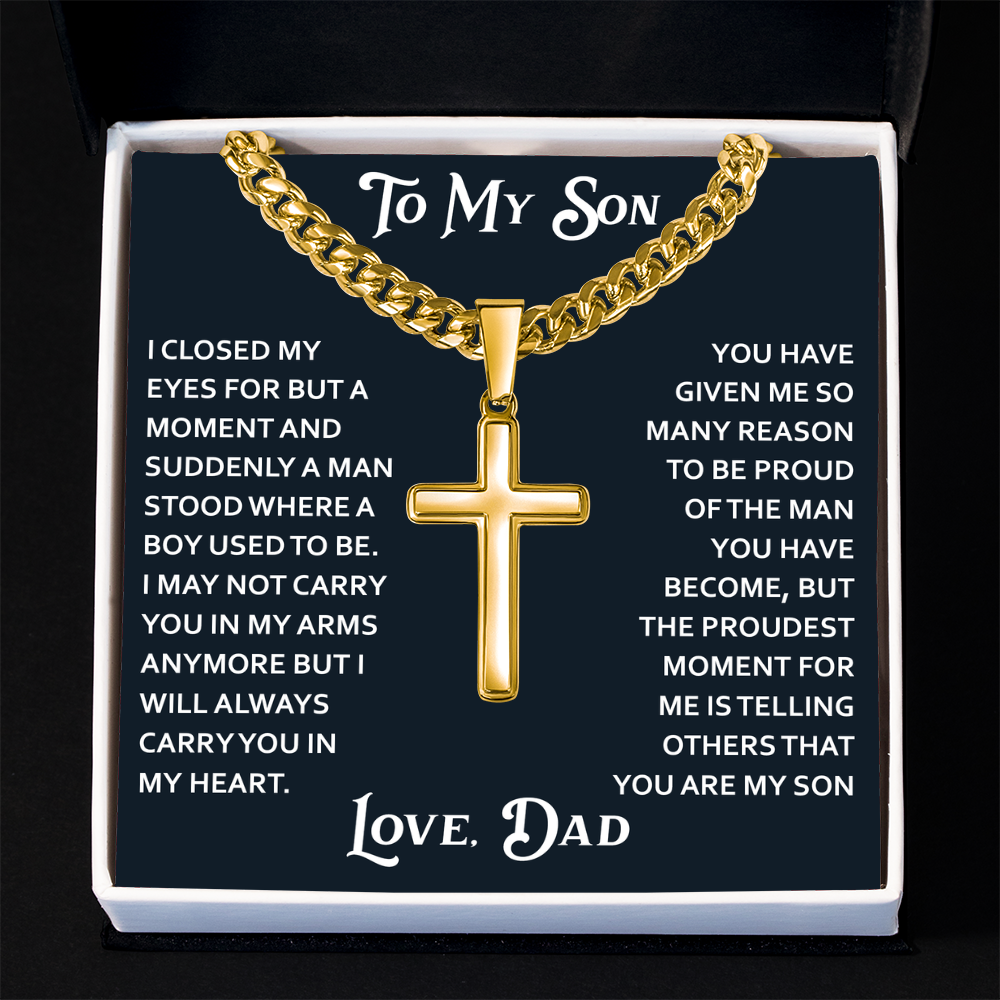 To My Son Artisan Cross with Cuban Link Chain for Birthday Back to School Christmas Gift from Dad Father Heartfelt Jewelry Present