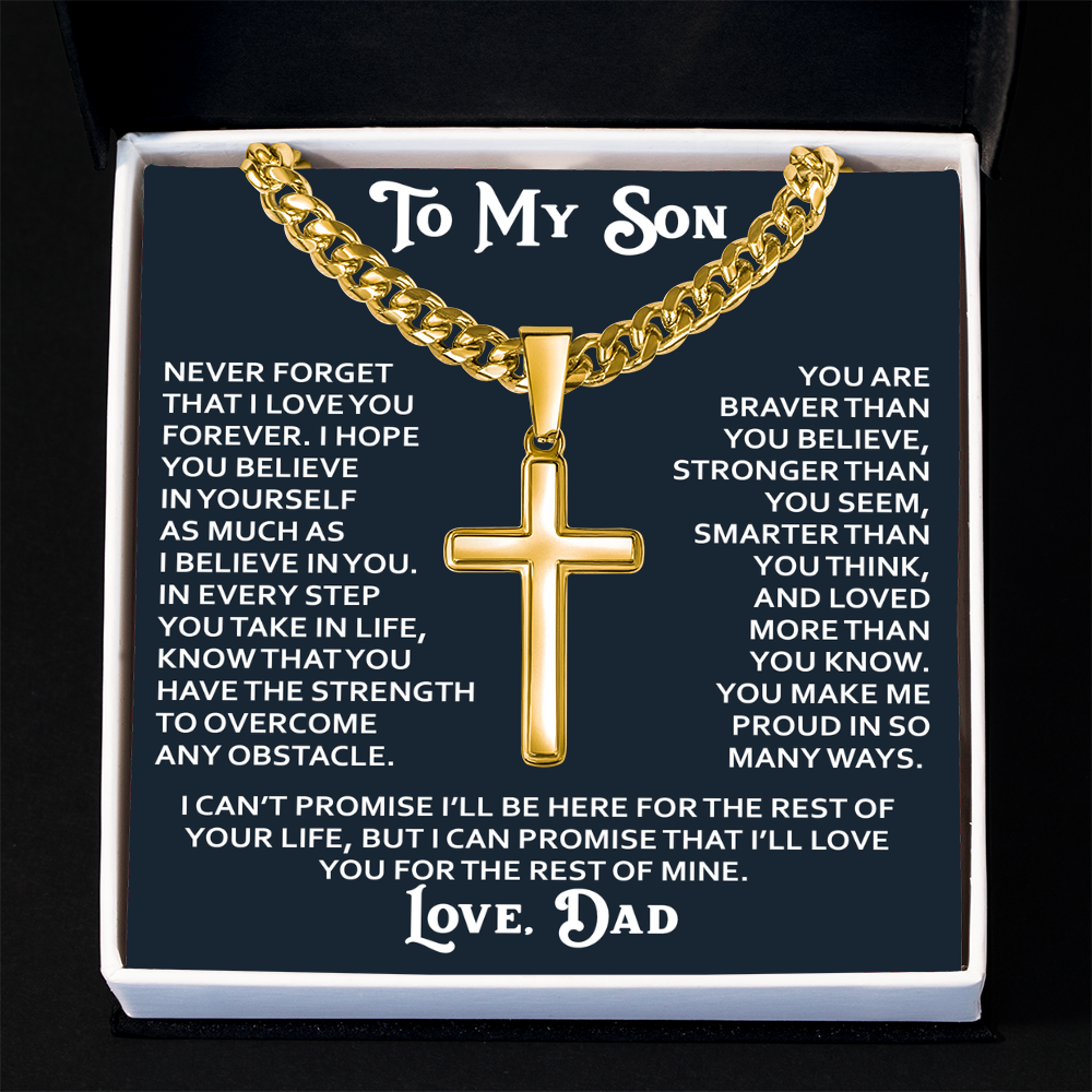 To My Son Artisan Cross with Cuban Link Chain - Birthday Gift from Dad Father Heartfelt Jewelry
