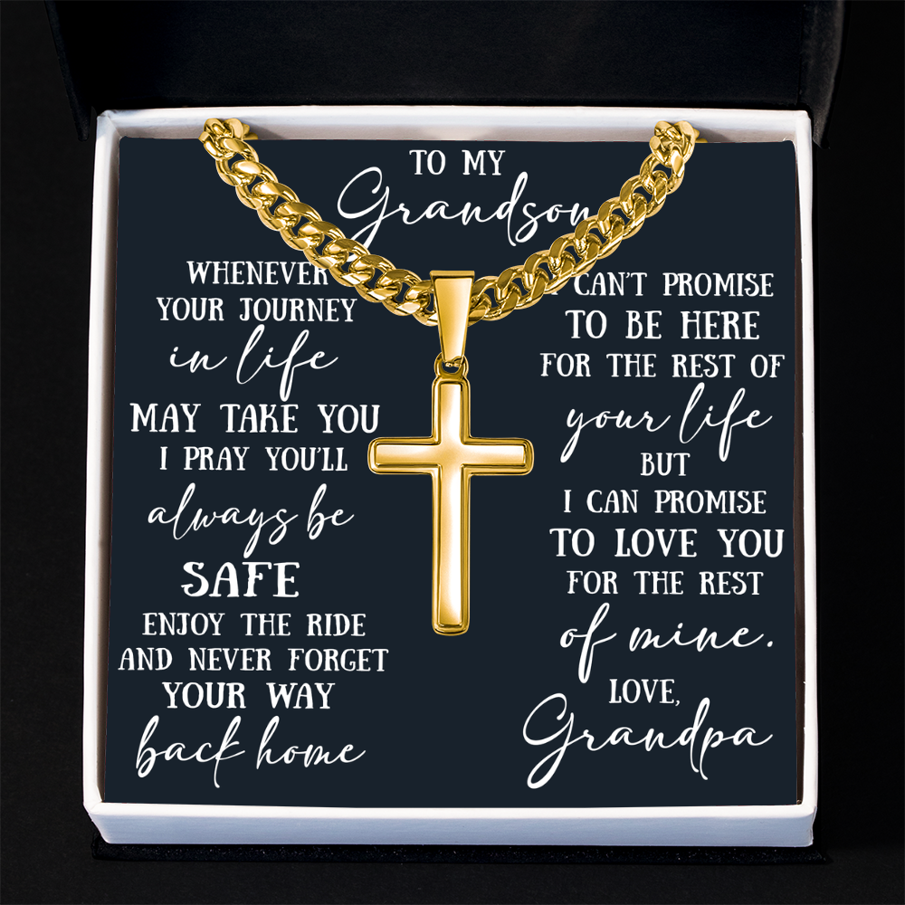 To My Grandson Artisan Cross with Cuban Link Chain - Christian Faith Gift From Grandpa Inspirational Jewelry