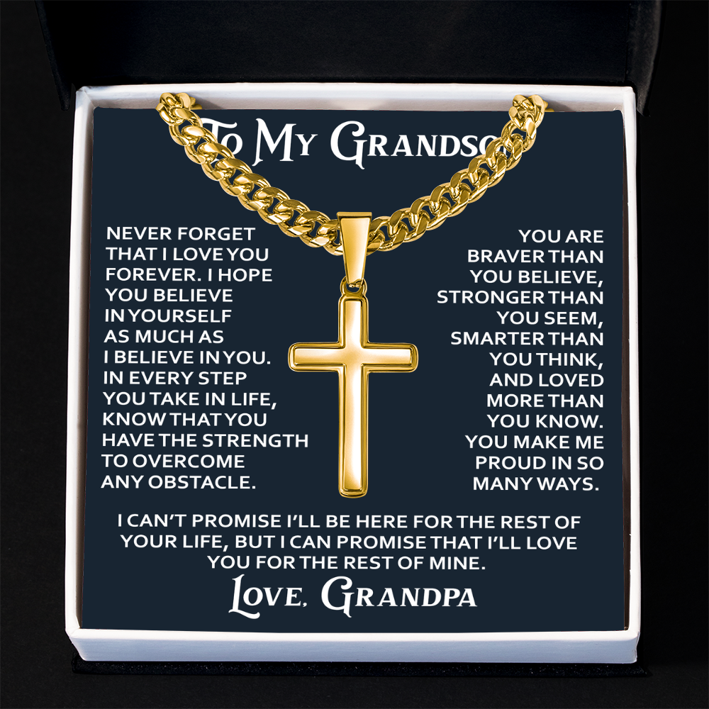 To My Grandson Artisan Cross with Cuban Link Chain - Christian Faith Gift From Grandpa Inspirational Jewelry
